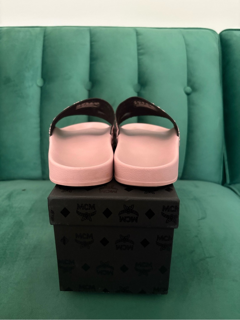 MCM Pink Logo Slide Sandals with All-Over Monogram - Picture 3 of 5